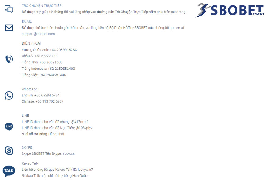 Liên hệ Sbobet 2 Sbobet đa dạng các phương thức liên hệ