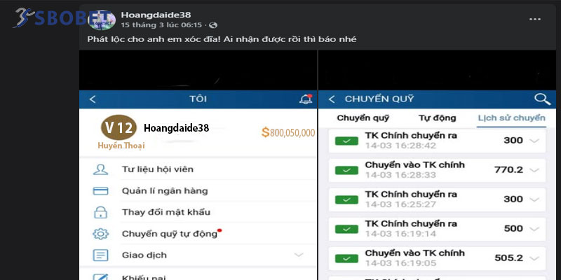Tôi thường xuyên phát lộc cho anh em sau mỗi trận thắng lớn qua tài khoản Hoangdaide38